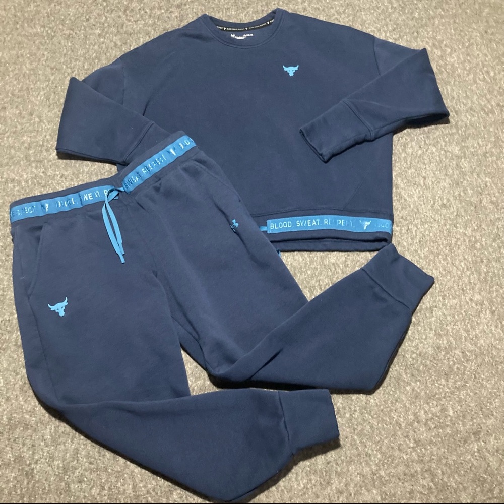 Under Armour Project Rock 2 piece Womens Top XL Bottom Large Blue